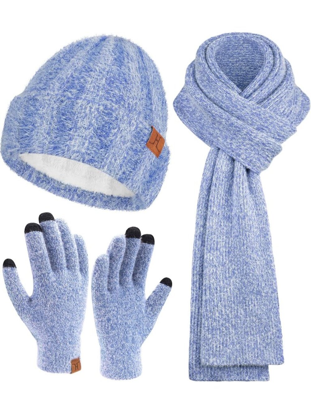 Women's Blue Winter Beanie Hat and Scarf Warm Touchscreen Thick Thermal Gloves